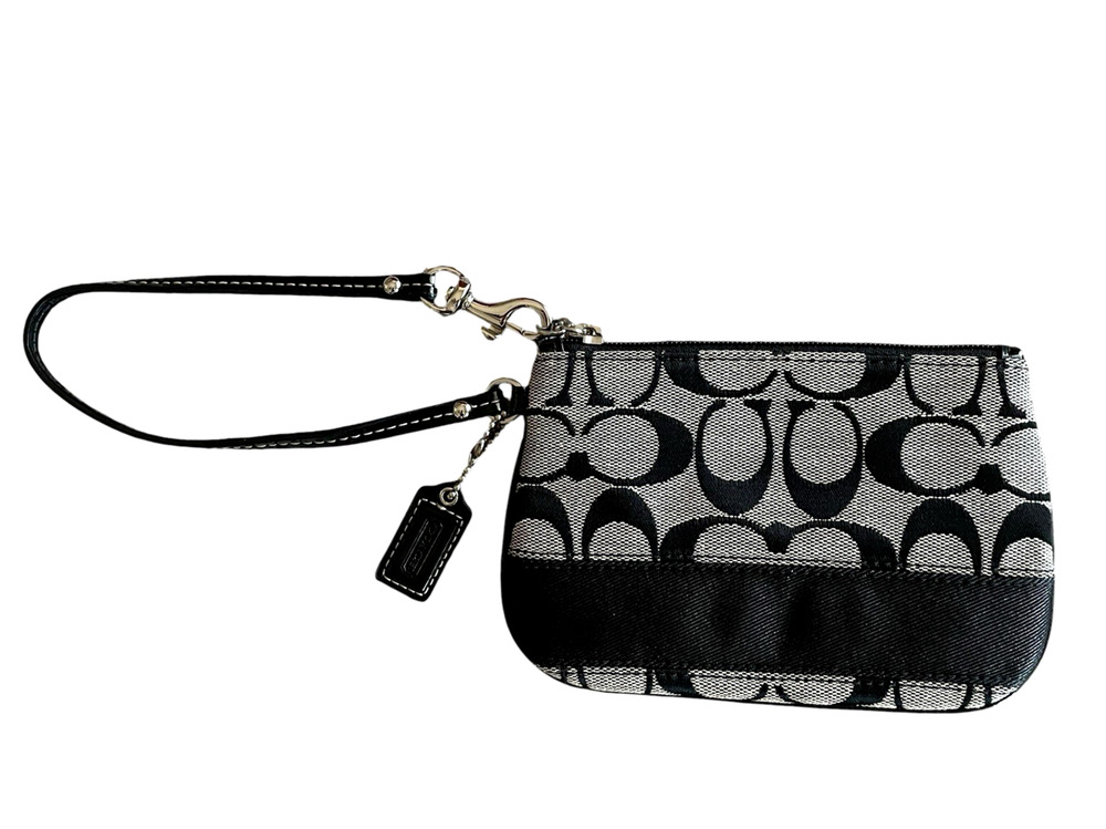 COACH Black Signature C Canvas Stripe Leather Trim Wristlet Top Zip Bag Tag
